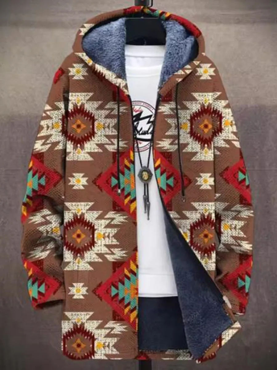 Jaket Hoodie Pria Musim Dingin Multi Warna Pola Gelombang Cetak 3D Bulu Tebal Berbahan Plush dengan Ritsleting Model Cape Netral Hangat untuk Jalan-Jalan Q0369