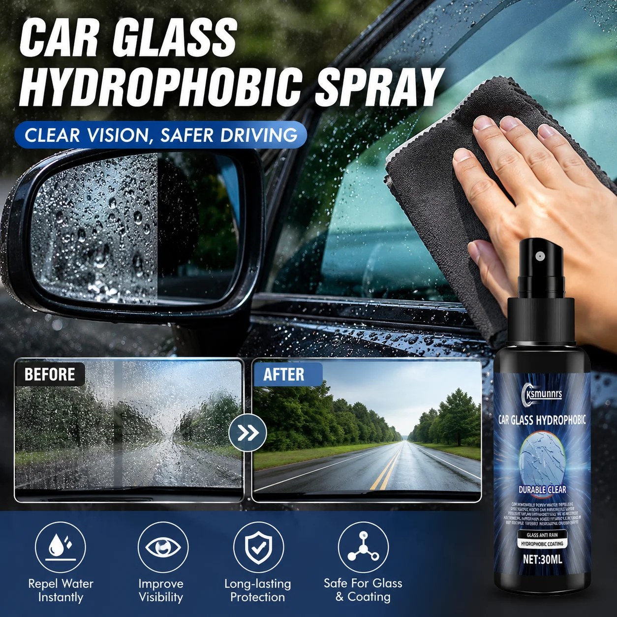 Magic Anti Rain Spray Nano Glass Coating for Windshield Mirror Waterproof and Clear Visibility