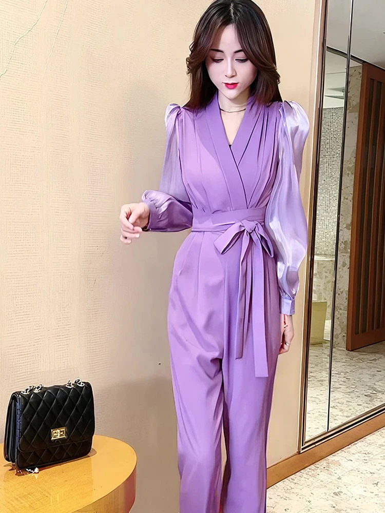 Faionable com cinto bolha calças de uma peça feminina primavera outono emagrecimento cintura-emagrecimento perna larga macacão ele sle