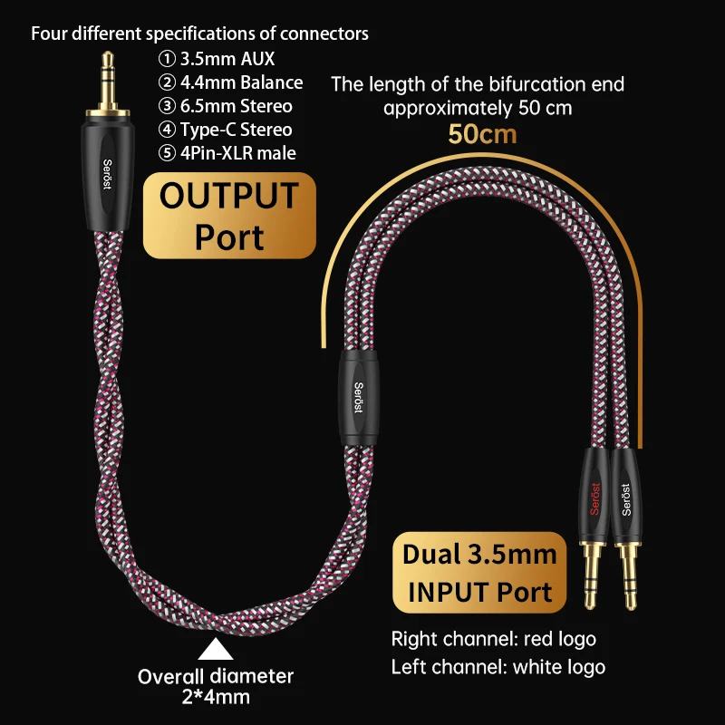 Serost Moon HiFi OCC Copper Audio Cable Type-C 3.5mm 4.4mm 6.5mm 4Pin-XLR Stereo to Dual 3.5mm Male Jack for Headphones Speaker