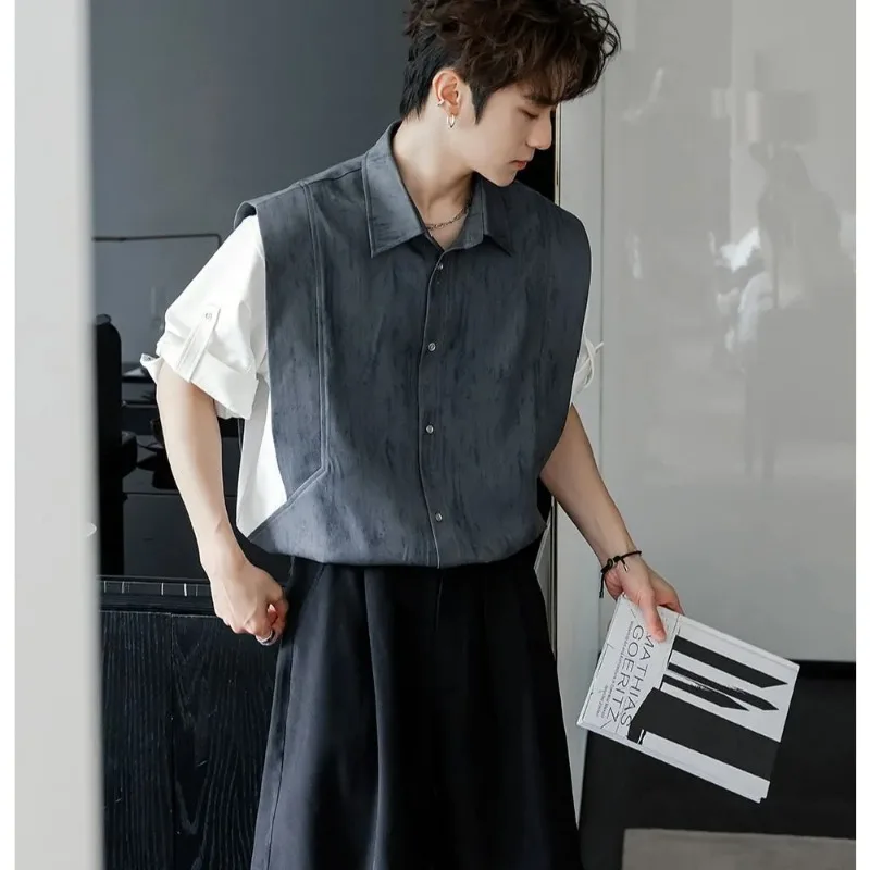 

Мужская двухцветная рубашка с коротким рукавом, оверсайз, повседневная, на пуговицах