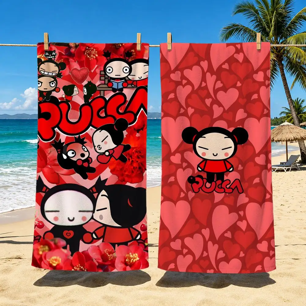Cartoon Pucca Towel Polyester Beach Towel Quick Dry Sand Free Bath Towel for Summer Pool Travel Vacation