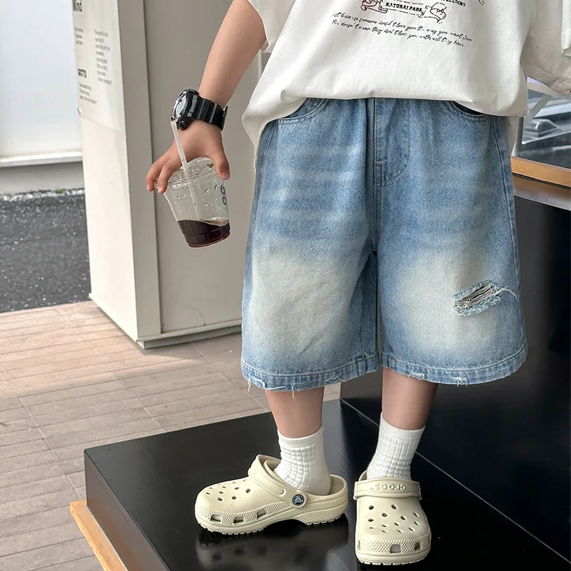 

Boy Summer Clothing Denim Shorts 2024 New Loose Medium and Big Boys Middle Pants Summer Fifth Pants Thin Fashion