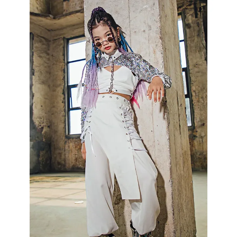 

ZZL Cool Clothes for Children Sequin Jazz Dancer Style Dance Costume Girls K-pop Stage Outfits Kids Glitter Performan