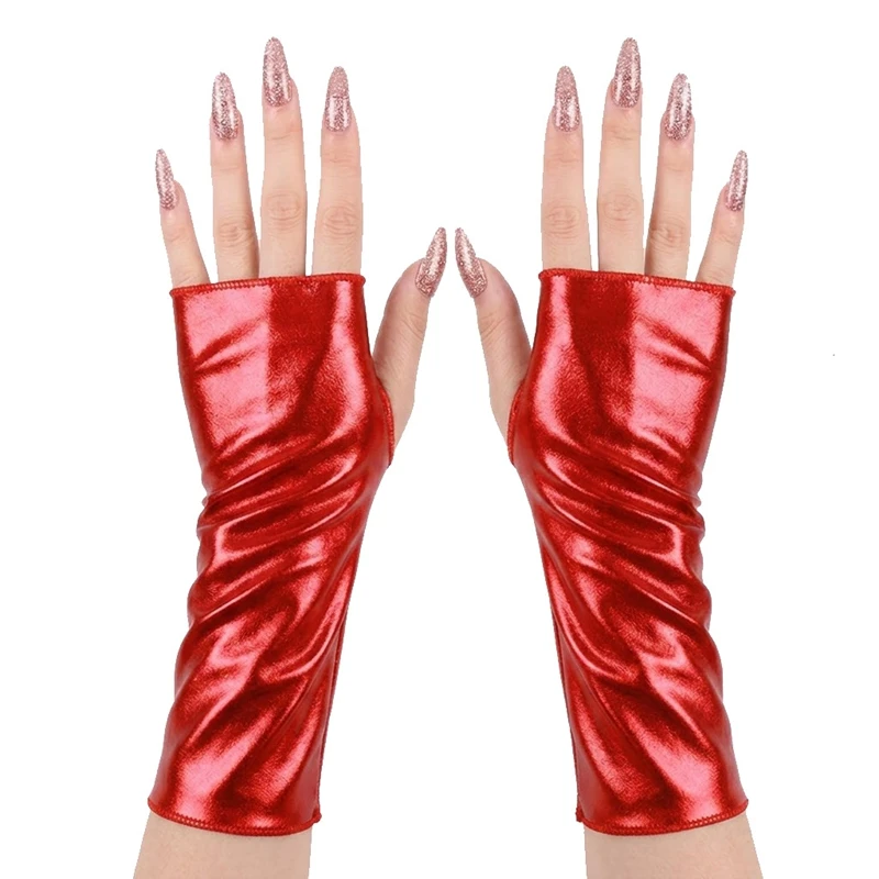 Guanti Senza Dita Metallizzati Sexy e Lucidi da 23cm, Maniche Lunghe per Cosplay, Spettacoli e Feste in Costume