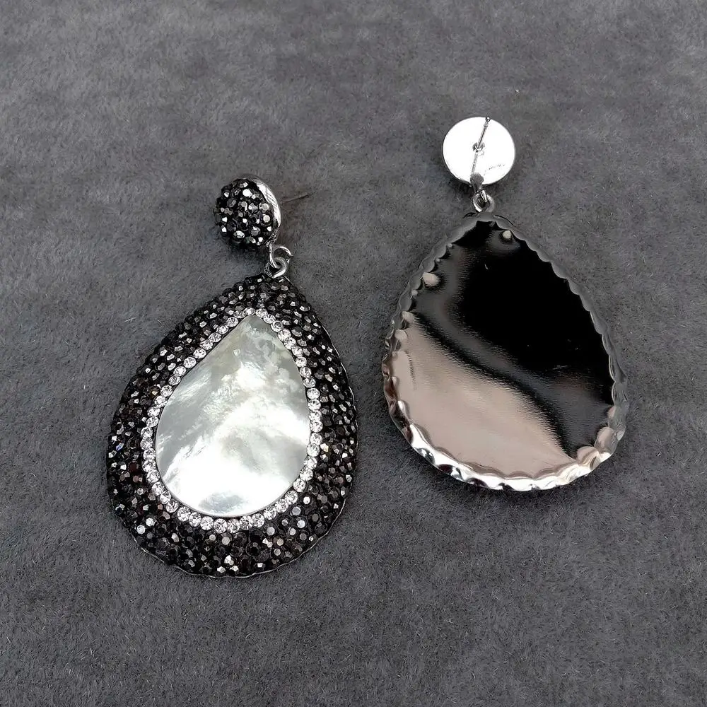 KKGEM 24x35mm Natural White Sea Shell Teardrop Black Crystal Pave Dangle Stud Earrings 4