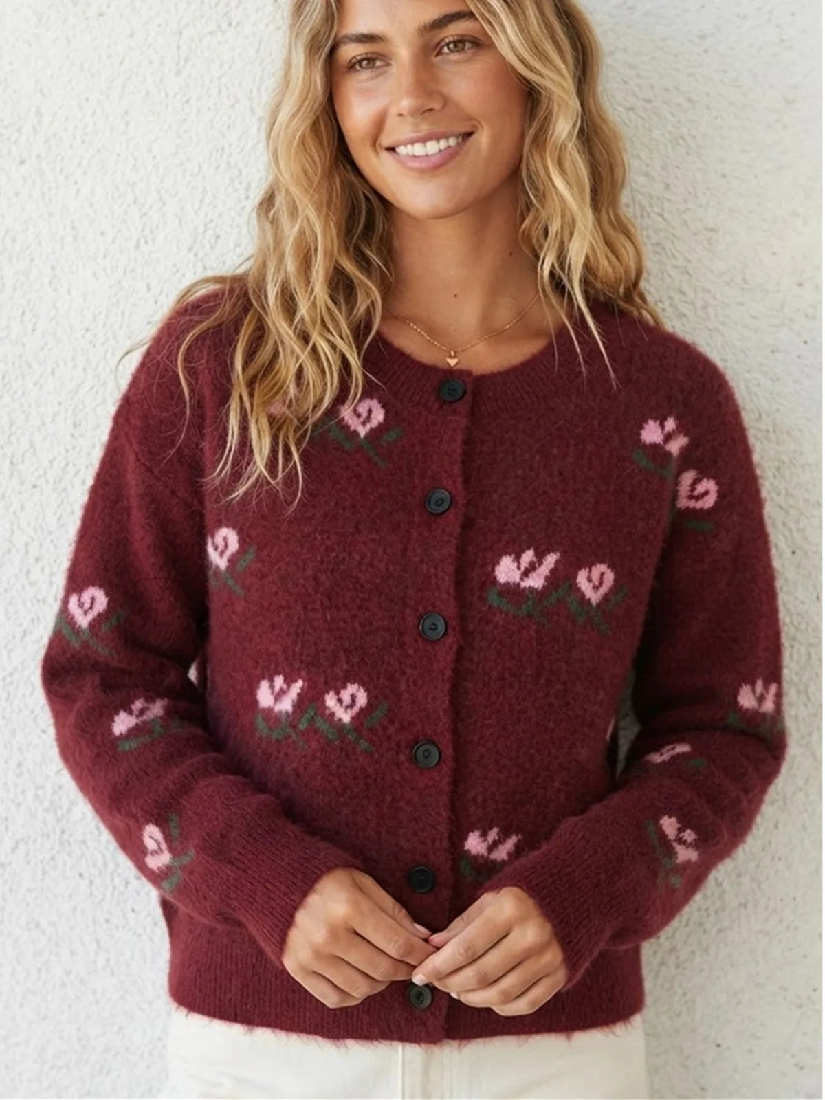 New In 2026 Women Round-neck Tulip Jacquard Knitted Cardigan Autumn Winter Fashion Casual Long Sleeves Sweater Coats