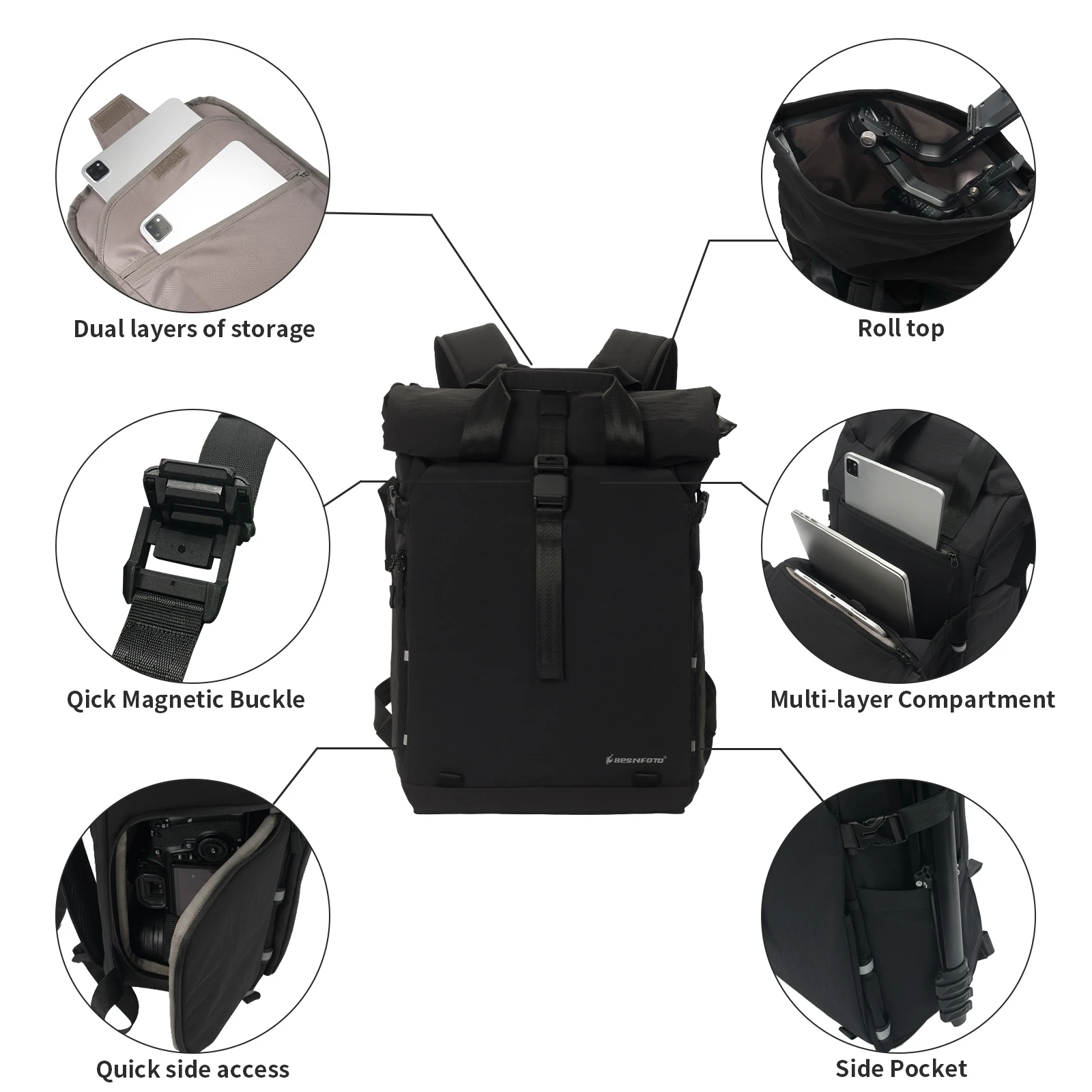 Besnfoto Professional Camera Backpack Waterproof Expandable Roll Top for DSLR Mirrorless Drones Photography Bag Fits 16" Laptop