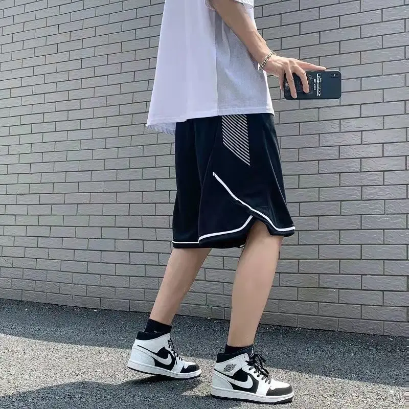 Ice Silk Sports Shorts Men's Summer Thin Korean Trendy Loose Spliced Split Striped Knee Length Pants All-match Casual Trousers