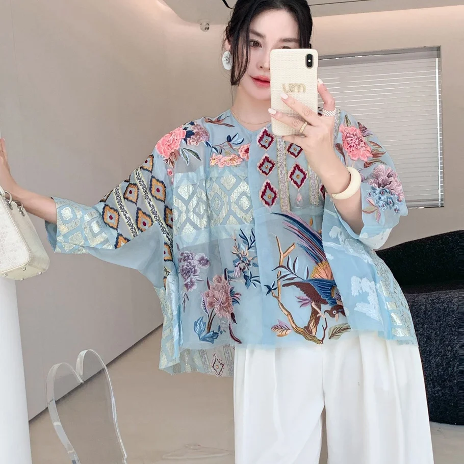 

Изысканная блузка-жакет из шелкового шифона с вышивкой, улучшенный китайский стиль, силуэт «оконный профиль», с жемчужной отделкой, для элегантных дам