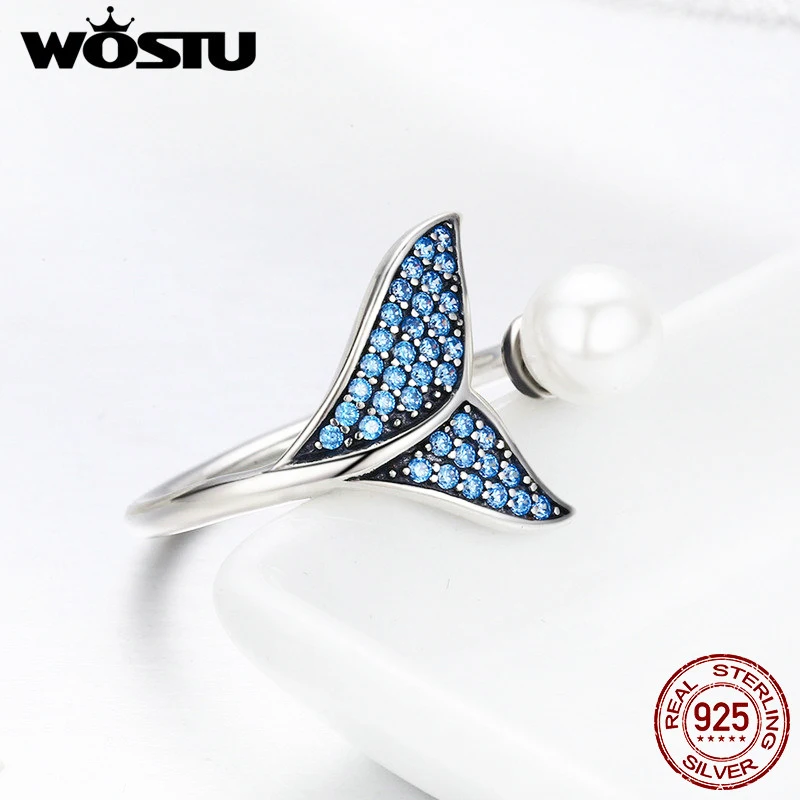 Wostu 925 prata esterlina sereia cauda aberto ajustável anéis feminino oceano azul cz natural pérola festa de casamento cocktail anel presente