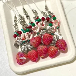 1Pc Lovely Heart Strawberry Beaded Mobile Phone Lanyard Cute Girl Backpack Key Chain Card Bag Purse Pendant Phone Strap Charm