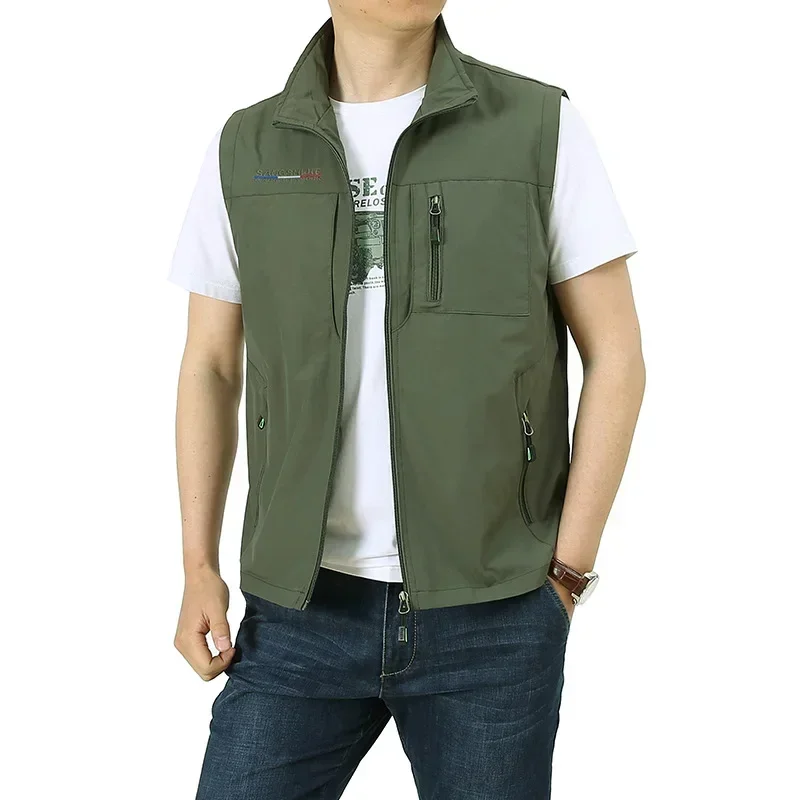 Men Waistcoat Jackets Vest 2023 Spring New Solid Color Stand Collar Climbing Hiking Work Sleeveless with Pocket M-6Xl Brand Sale