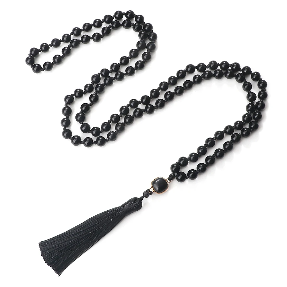 New Natural Black Obsidian Stone Necklaces Men Shiny Black Onyx 108 Mala Beads Necklace Women Buddhist Prayer Yoga Jewelry Gifts