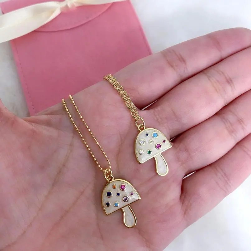 

1Pcs Copper Necklace Gold Color Cubic Zirconia Mushroom Plant Invisible Setting 18inch Jewelry Special Gift For Women