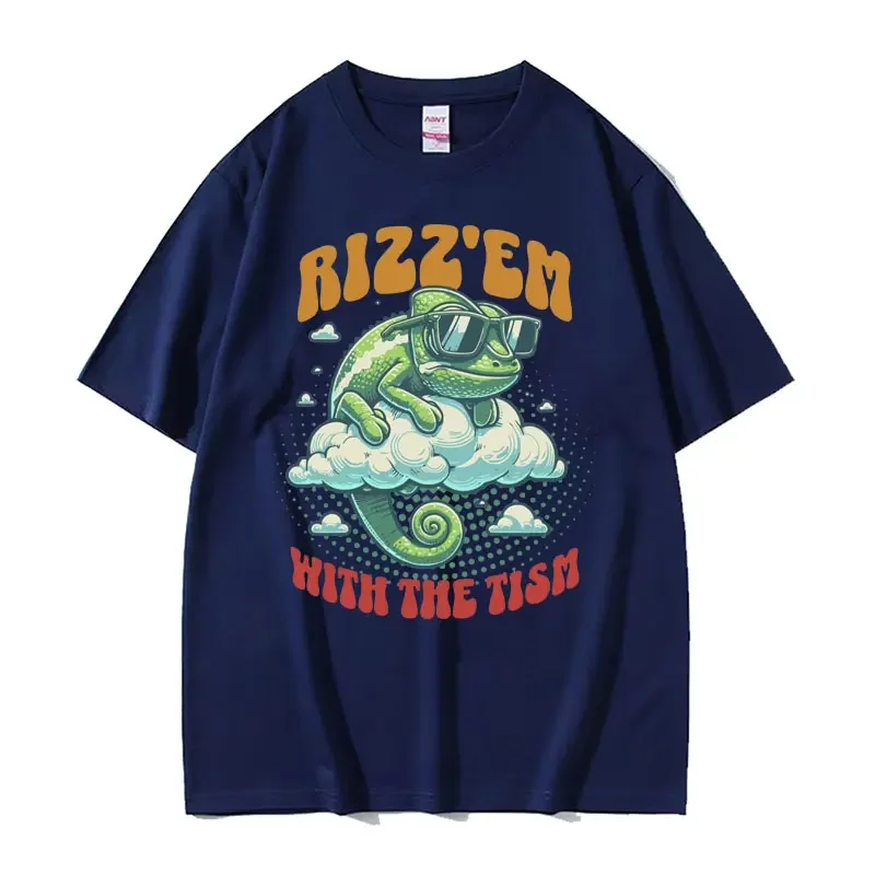 Rizz Em with The Tism Unisex Lizard Meme T Shirt Retro Funny Chameleon Cool T Shirts Men Women Summer Casual Cotton T-shirt Tops