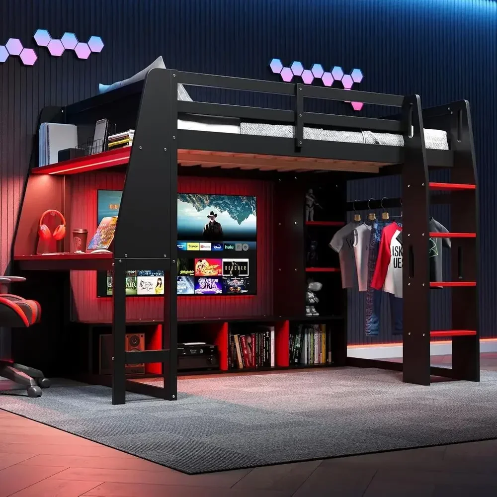 Twin Size Gaming Loft Bed with Desk, Solid Wood with Wardrobe and Storage, LED Light Options for Kids, Teens, Adults - Black & R