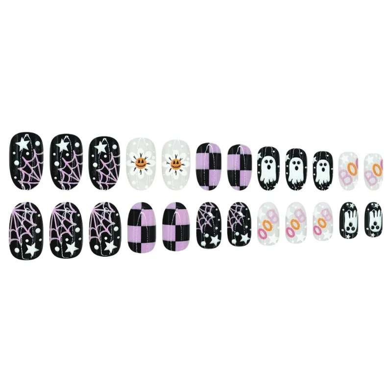 24pcs Fake Nails Cute Ghost Checkered Pattern Spider Web and Pumpkin Designs—Halloween-themed Press-On Nails Perfect for Girls - view 6