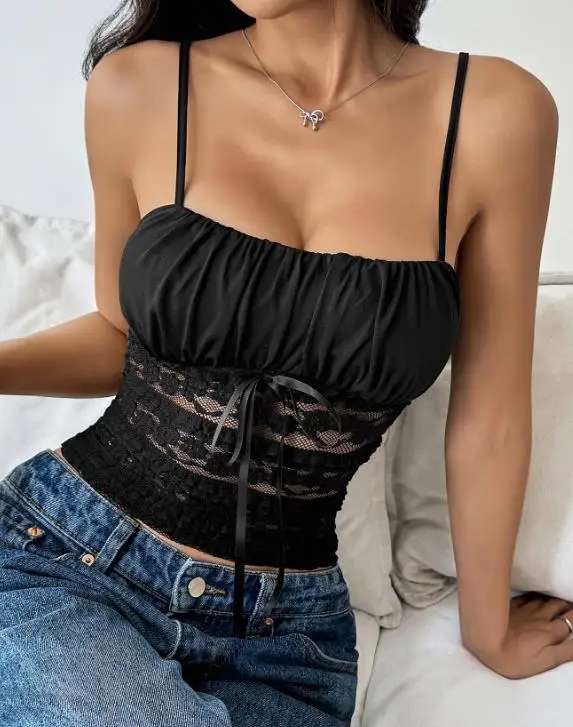 

2026 Summer New Sexy Black Strap Lace Top&hot Girl Waist Tank Top for Women