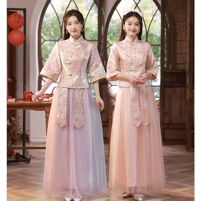 

2024 New Bridesmaid Dress Improved Qipao Xiuhe Costumes Chinese Traditional Tang Clothes Vintage Mandarin Collar Cheongsam 3XL