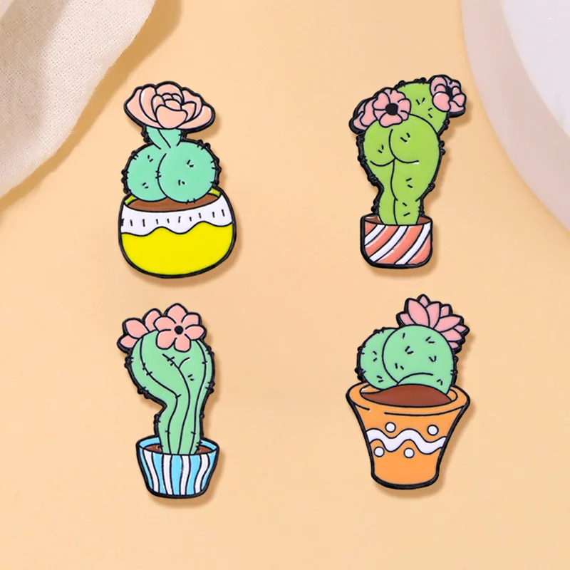 Unisex Cartoon Funny Cactus Brooch Metal Plant Flower Badge Pin DIY Clothing Bags Hat Scarf T-shirt Jeans Decoration Accessory
