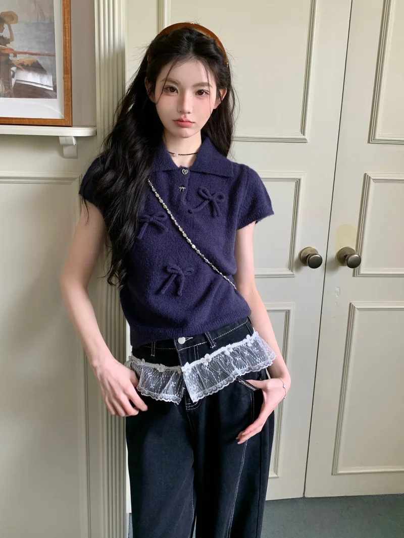 

MNANA Spring Summer Deep Blue Knitwear with Knot White Enhancing Lace Detail Denim Long Pants Women Faion Set