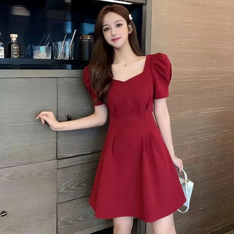 

2024 Black Short Sleeve Sqaure Collar Dress Women Fashion Chic Dress Summer Korean Vintage Hepburn Festival Dresses