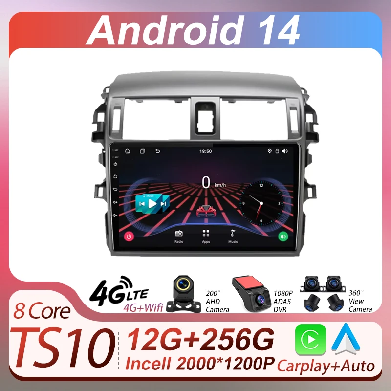 

For Toyota Corolla E140 E150 2006 - 2016 2Din Android 14 Car Radio GPS Navigation Multimedia Video Player Auto Stereo Carplay BT