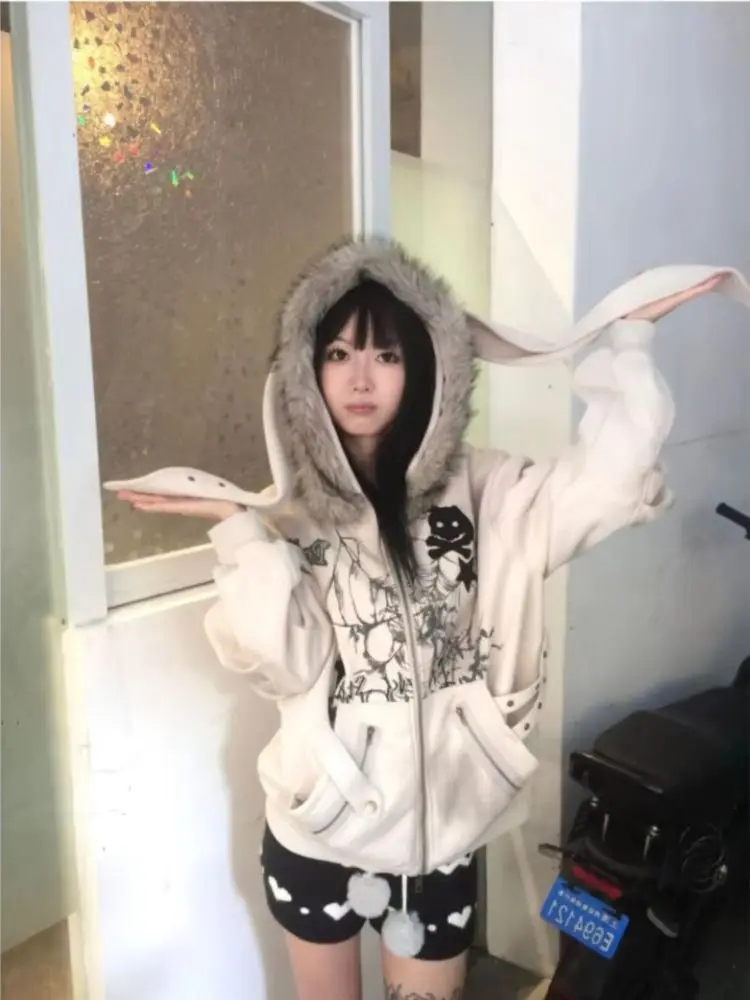 Y2k Vintage Sottocultura Manica lunga Giacca con cappuccio Donna Orecchie di coniglio Felpa Kawaii Americano Retro Colletto finto 2025 Autunno