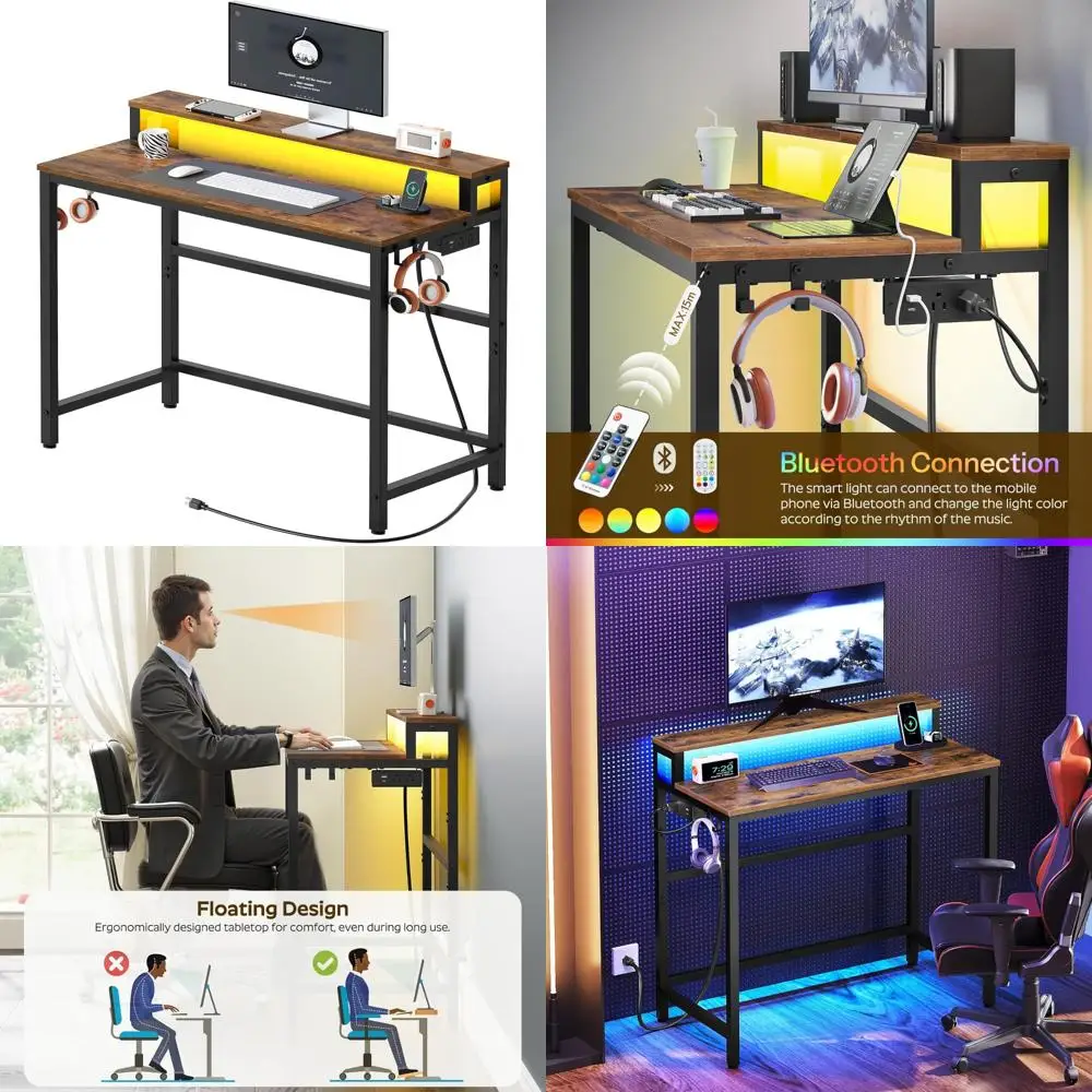 

LED-Illuminated Charging Station Gaming Desk with Monitor Stand and Dual-Tier Office Storage Hooks