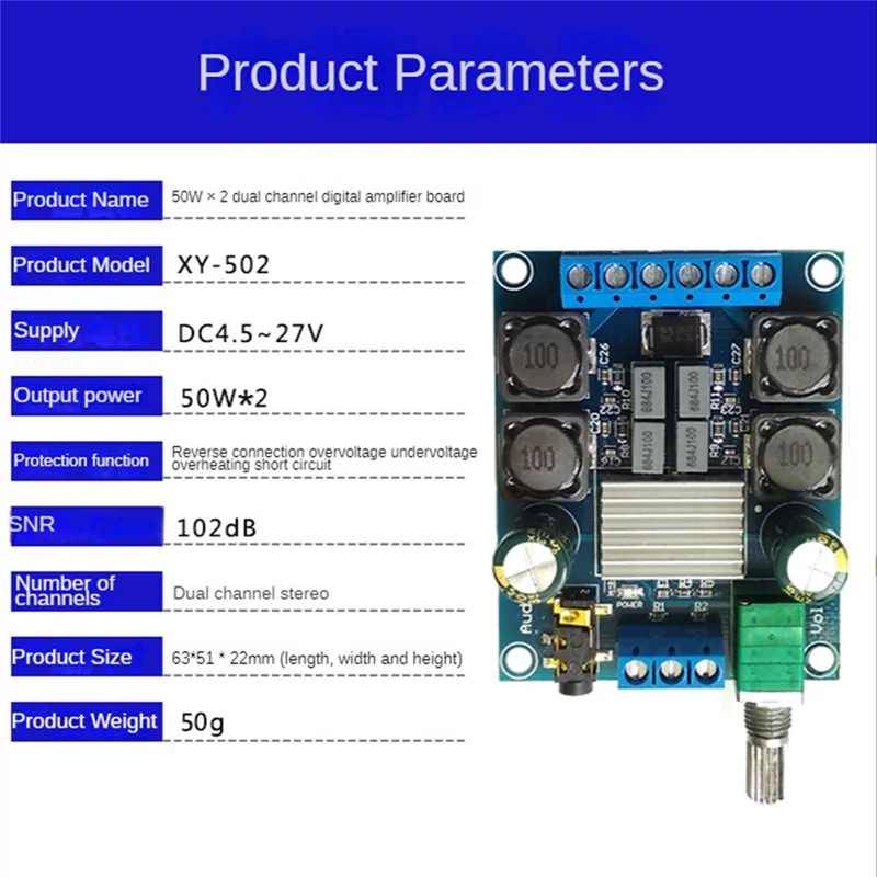 XY-502 Digital Power Amplifier 2-Channel Stereo High-Power 2X50W TPA3116D2 Subwoofer Audio Amplifier Board Module