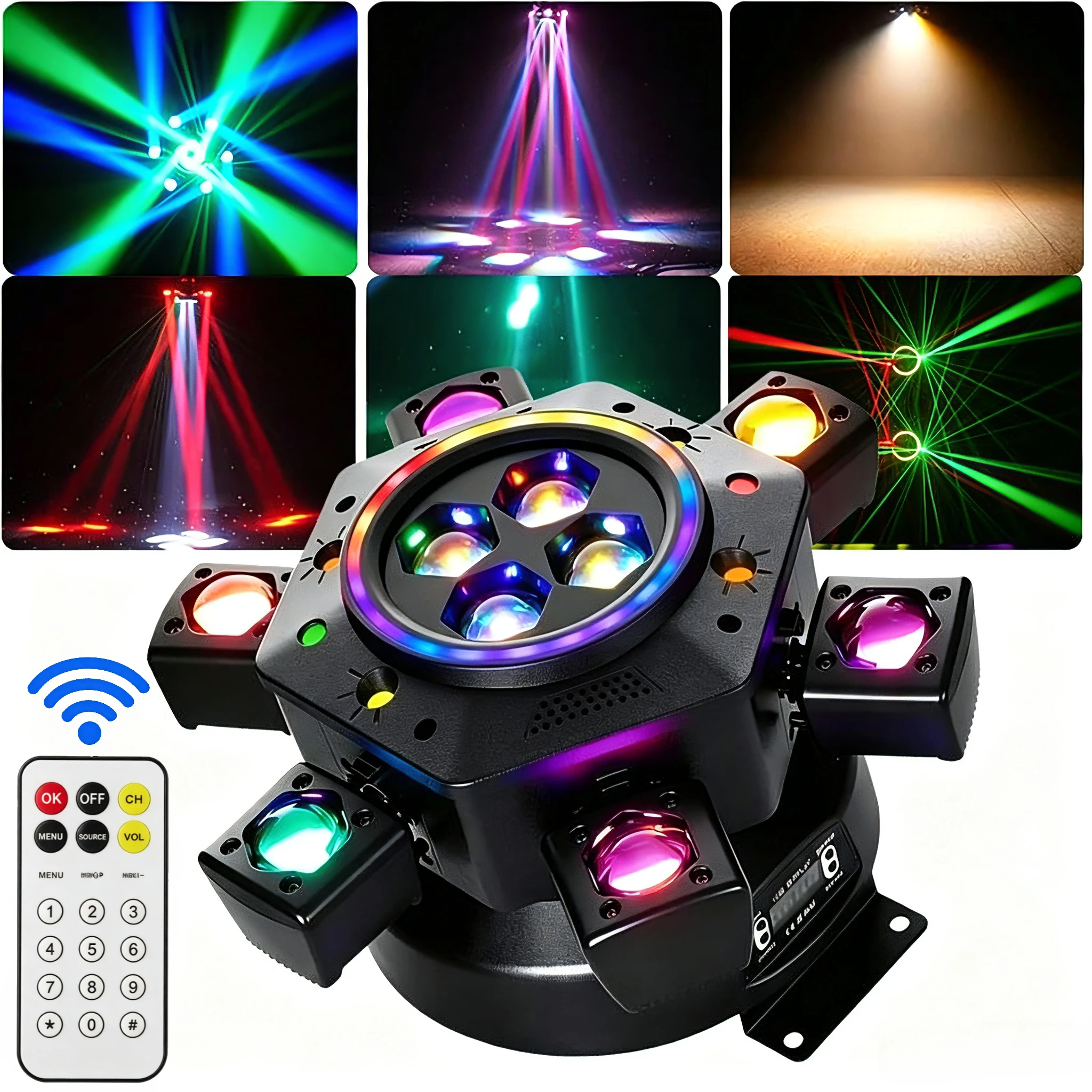 150W 6 Heads Moving Head Light Beam Laser Strobe Effect DMX Stage Light Full Color LED Beam Light Rotating DJ Disco Party Bar