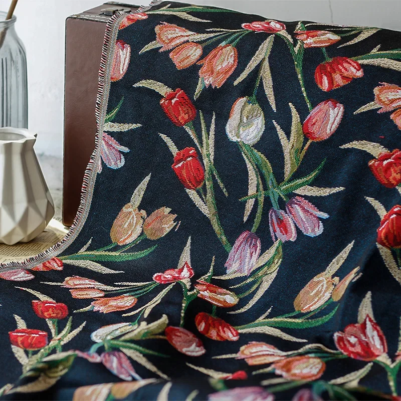 Thickened Tulip Imitation Linen Yarn Dyed Jacquard Fabric Oil Painting Style Pillow Bag Sofa Fabric