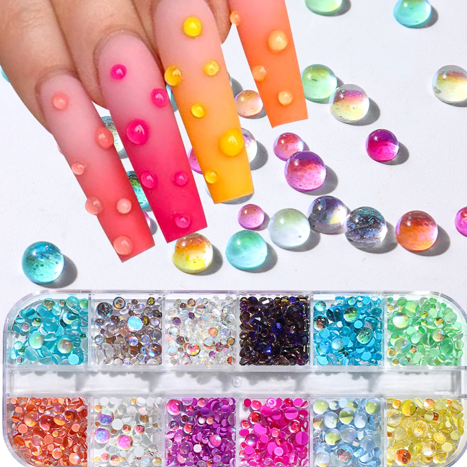 12 Grids Sparkly Mermaid Round Beads Nail Art Decorations Mixed Size Charm Acrylic Macaron Bubble Manicure Ornaments Accessories