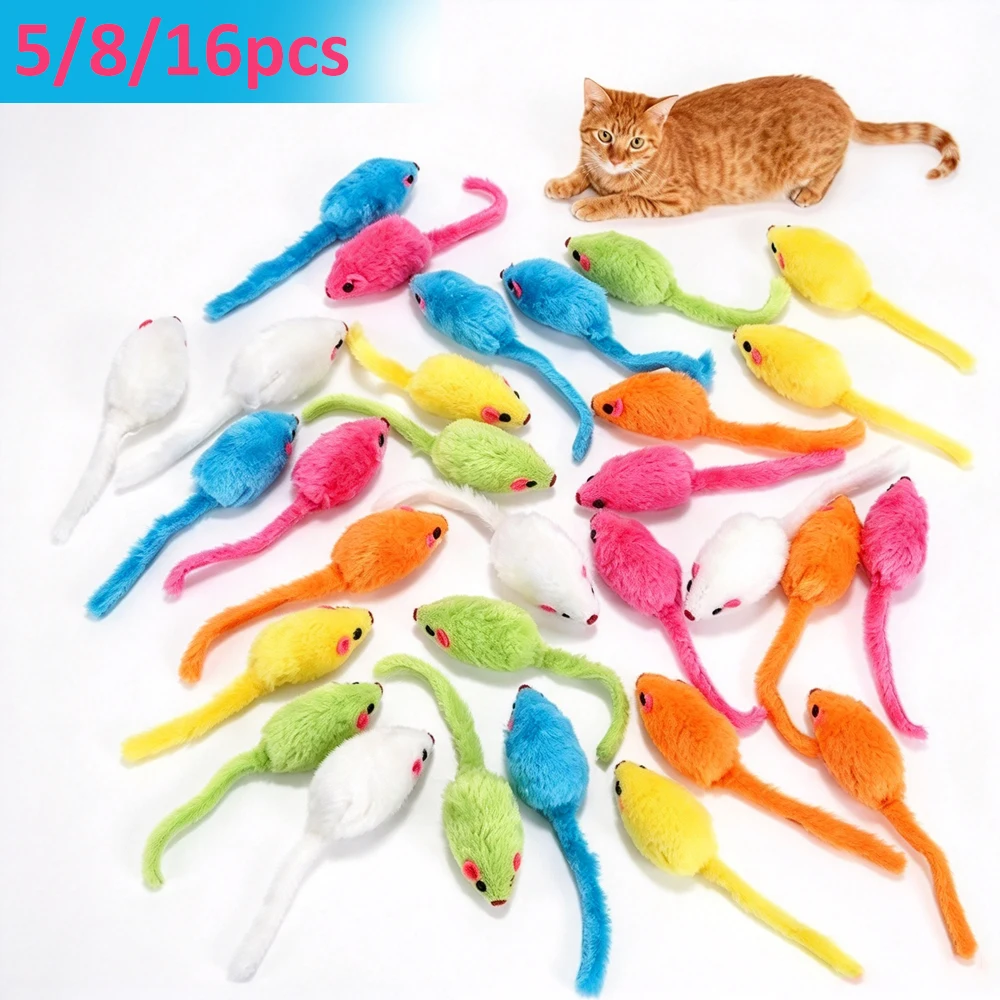 5/8/16Pcs Cat Toys Interactive Realistic Mouse-Shaped Cat Hunting Training Toys for Teeth Cleaning and Oral Health Artificial Feathers Suitable for All Cats Birthday Gift Surprise Colors and Styles Shipped Randomly