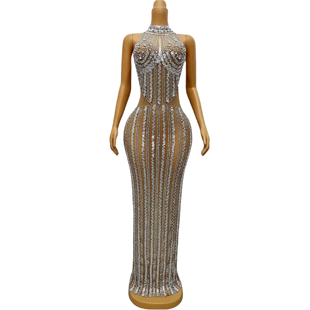 

Sparkly Silver Sequins Rhinestone Sexy Long Dress For Women Stunning Crystals Party Birthday Queen Stage Performance Costume