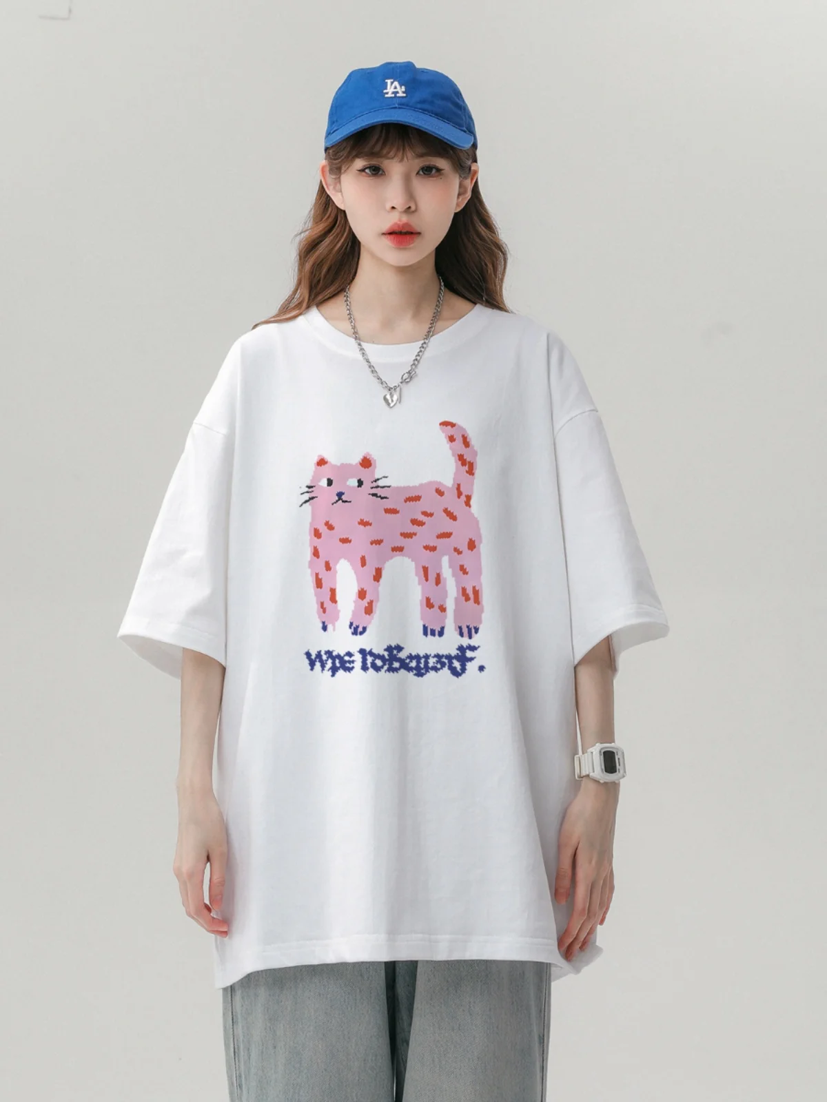 Cute Cat Pink Leopard Printed T Shirts Fashion Street Women Casual T-shirt Pure Cotton Loose O-neck Summer Tee Tops Korean Style