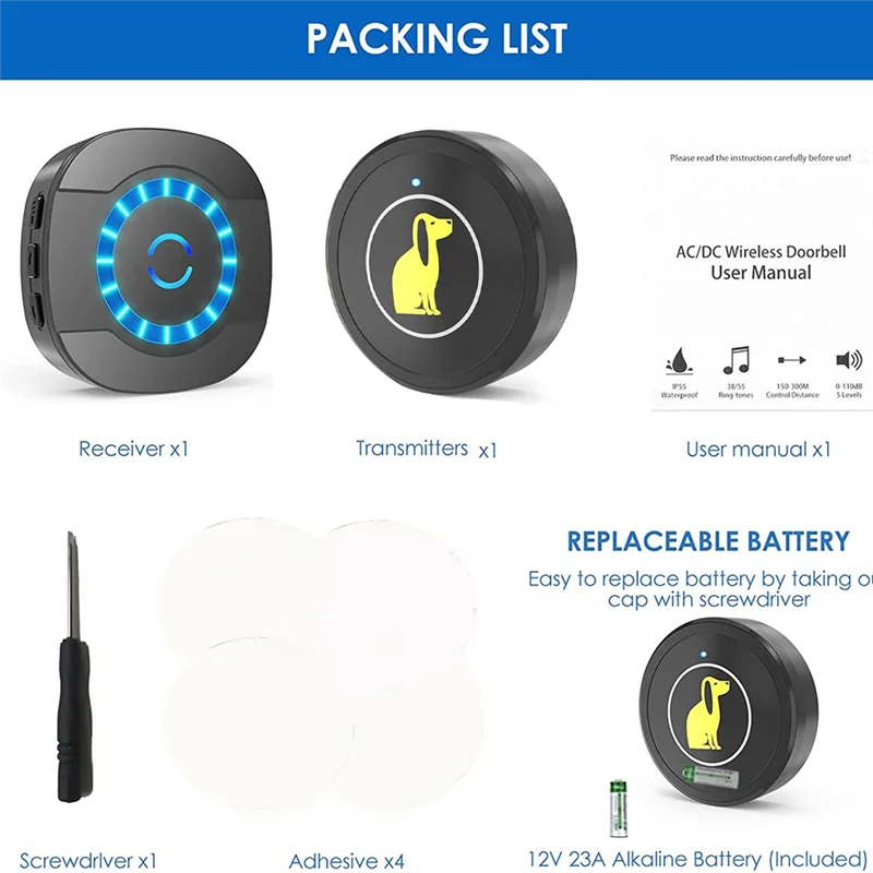 BNVN-Dog Bell Door Potty Training Watrerproof Super-Light Touch Wireless Door Bell For Dog 55 Melodie 5 Volume Levels US-Plug