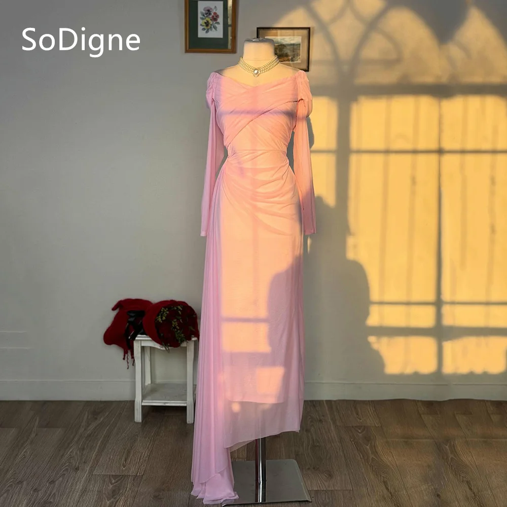 

SoDigne Simple Pink Chiffon Prom Dresses Pleats Full Sleeves Straight Party Dress Charming Formal Prom Gowns Customized