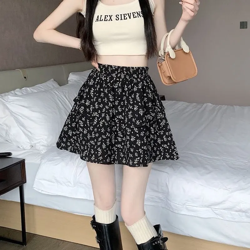 

Stylish Ruffles Spliced Drawstring Skirts Spring Summer Korean Broken Flowers Female Clothing High Waist Elastic Mini Skirts New