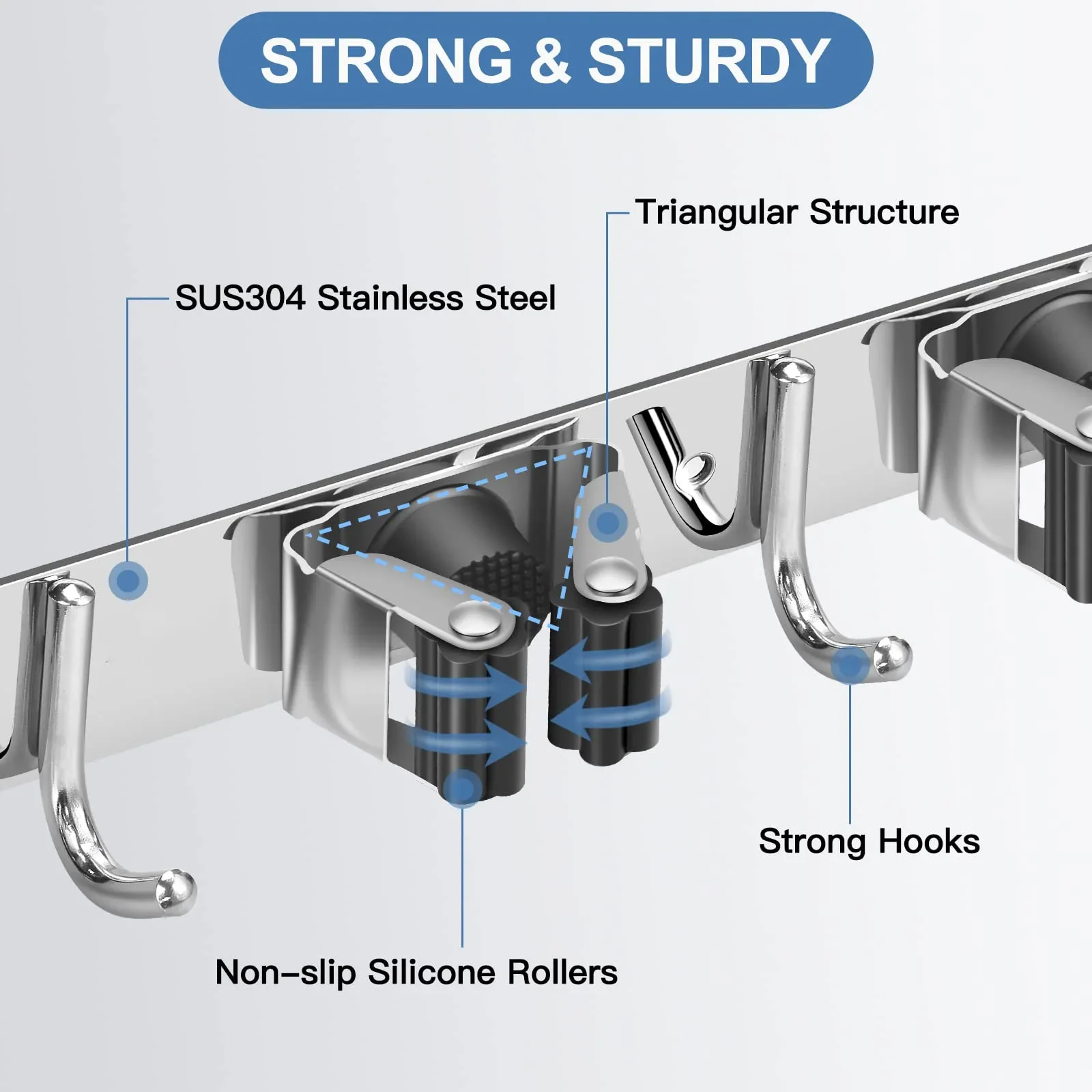 Rust Proof 5 Racks 4 Hooks Sturdy Stainless Steel Space Saving Mop and Broom Holder