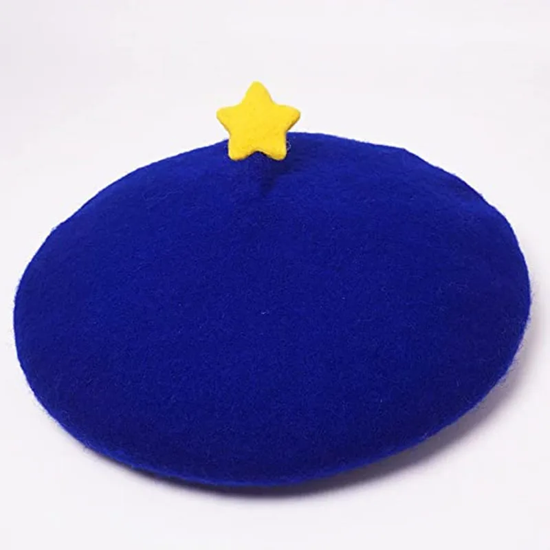 Women Blue Beret Girl Yellow Star Cute casual fashion painter cap women wool warm hat wholesale New 2021