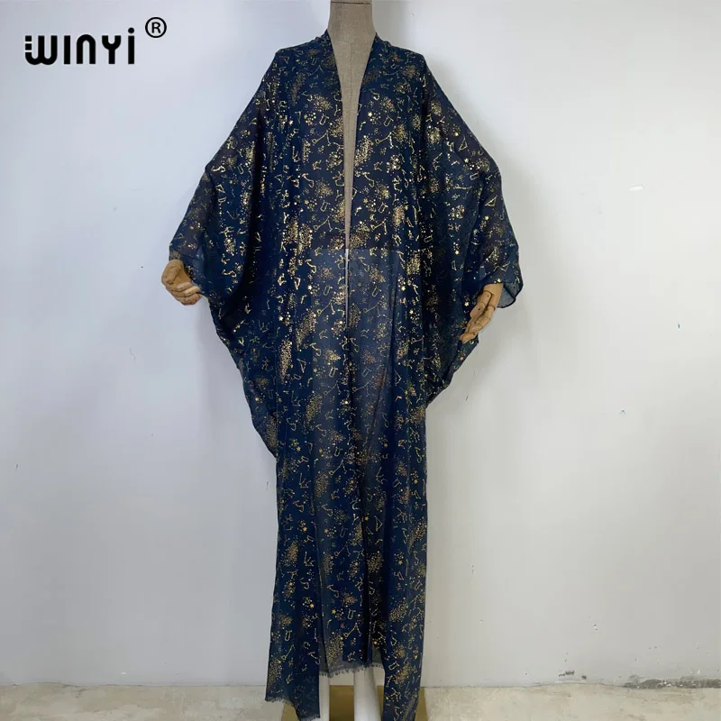 WINYI Middle East Hot stamping print Women Cardigan Loose Long Dress holiday Boho beach cover up Holiday Batwing Sleeve abaya