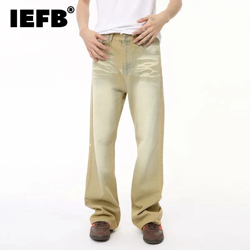 

IEFB American Design Men's Denim Pants Casual Worn-out Contrast Color Summer Straight Menwear Wide Leg Bottom 2024 9C6504