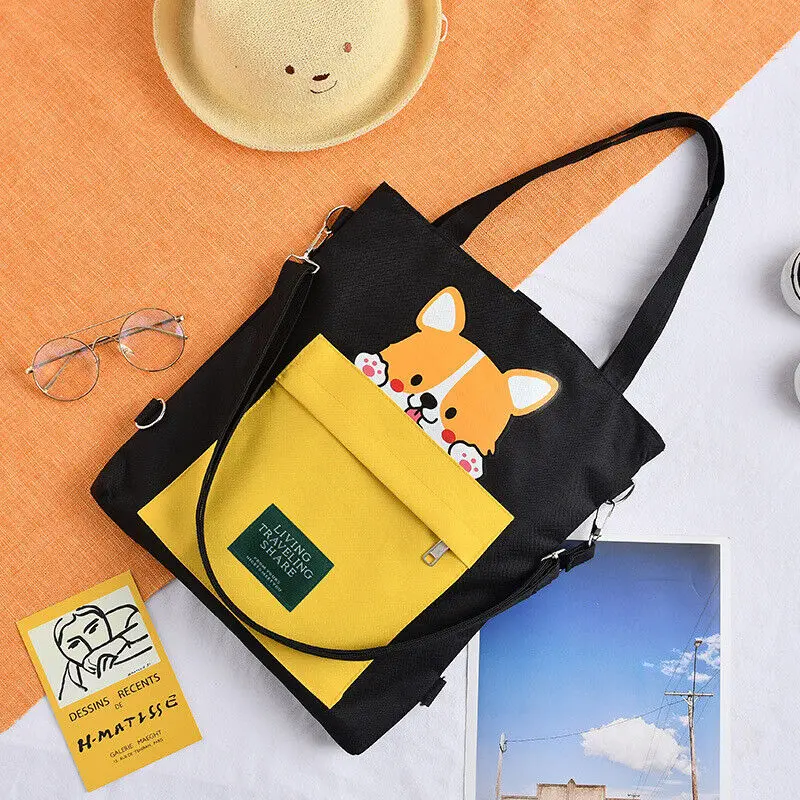 3 In 1 Canvas Bag Cartoon Printed Large Capacity Shoulder Bags For Women Girls Students School Backpack Shopping Tote Handbag