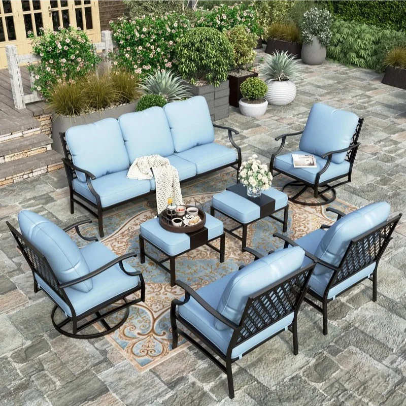 

7 Piece Patio Furniture Set, 2 x Swivel Chair, 2 Fixed Chair, 2 Ottoman, 1 3-Seat Sofa