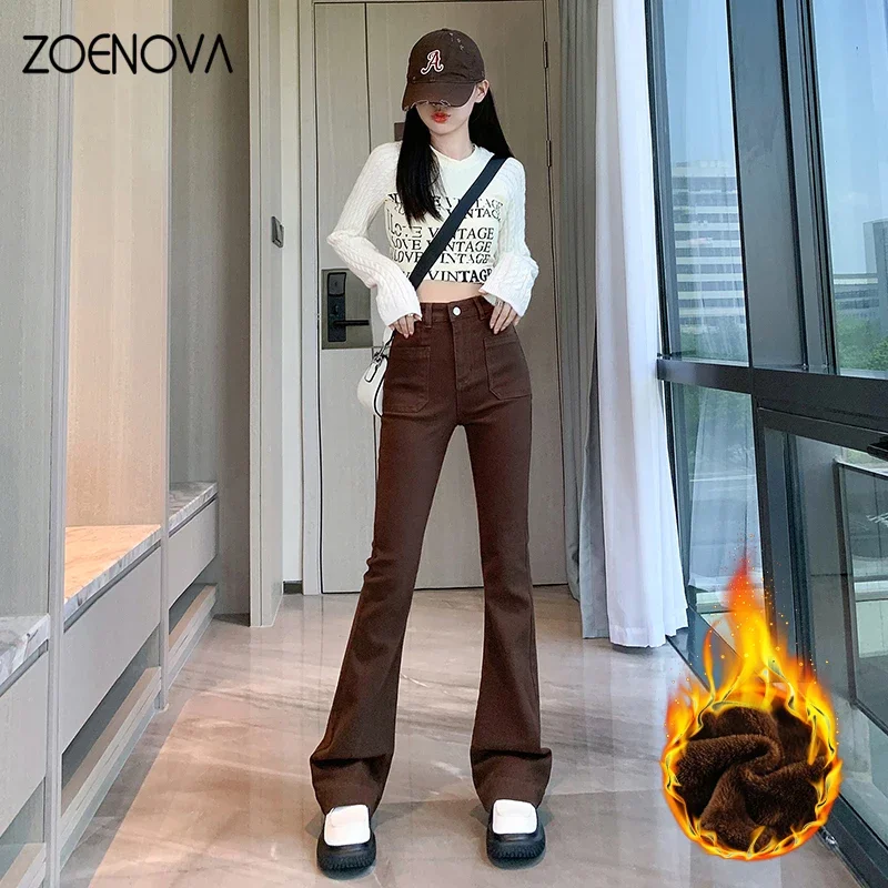 ZOENOVA 2022 Fashion Classic Fleece Trendy Luxury Design Midriff Winter High Waist Self Cultivation Keep Warm Horn Denim Pants