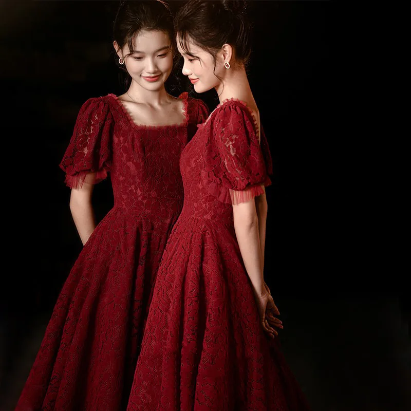 

Elegant Princess Qipao Burgundy Evening Dress Banquet Gown Long Lace Trim Vestidos De Festa Wedding Ball Gown Cheongsam