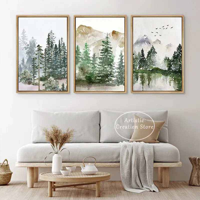 Sage Green Forest Mountain Nature Landscape Poster Prints Canvas Painting Minimalist Modern Art Wall Woodland Nursery Room Decor