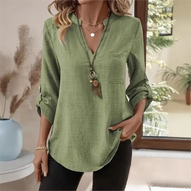 

Women's V-neck Solid Casual Loose Long Sleeve Shirts And Blouses Spring Summer Cotton Linen Fashion Shirt Top New Women Clothing